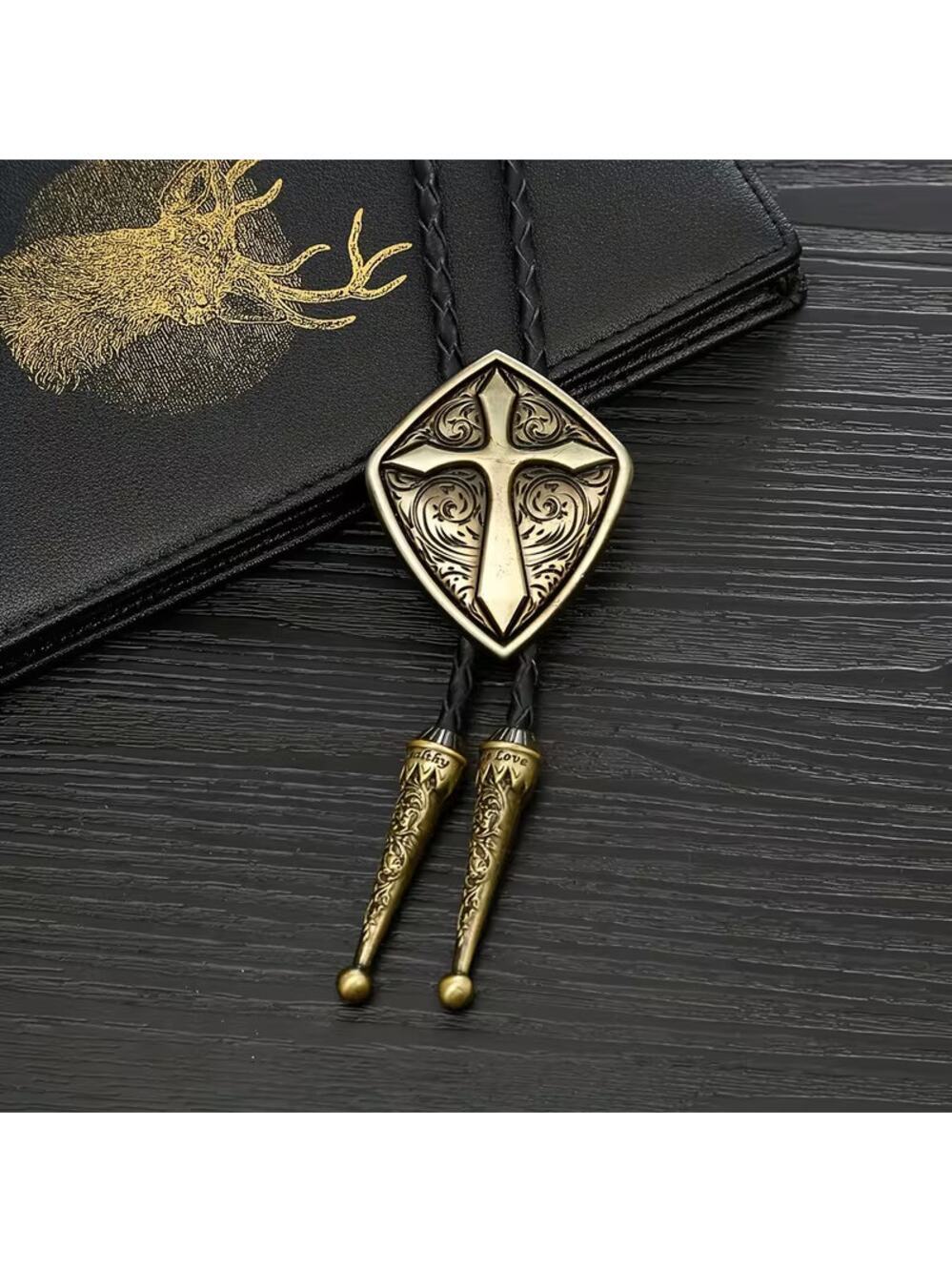 Gold Tone Metal Christian Cross Preacher Stye Texas Cowboy Western Bollo Tie